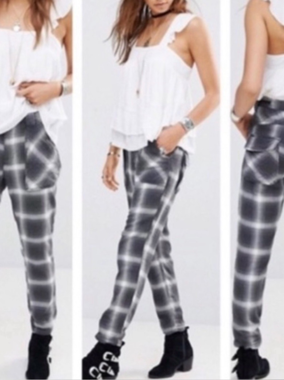 Free People Black White Plaid Utility Cargo Pants Sz 10